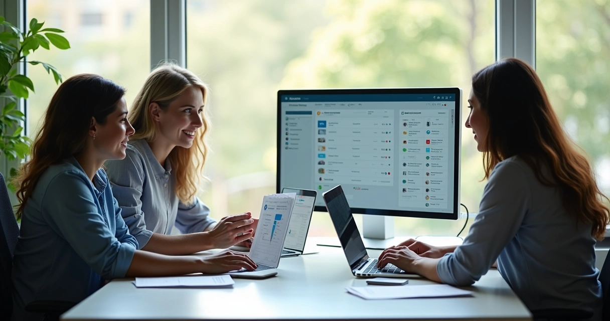 Equipe de agência de viagens usando computador para pós-venda e relacionamento 