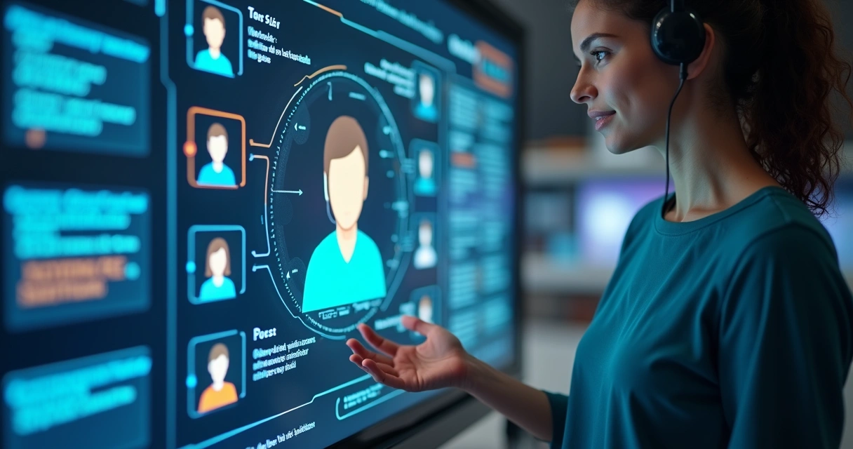 Painel digital mostrando agentes virtuais e humanos colaborando no atendimento ao cliente