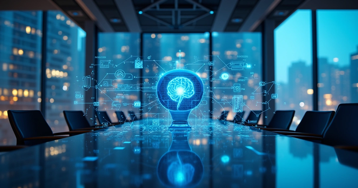 Integração visual de agentes autônomos com computadores, gráficos e fluxos digitais em escritório empresarial moderno