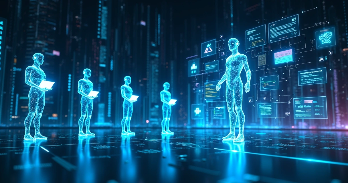 Conceito visual de agentes autônomos de inteligência artificial conectados em rede digital 