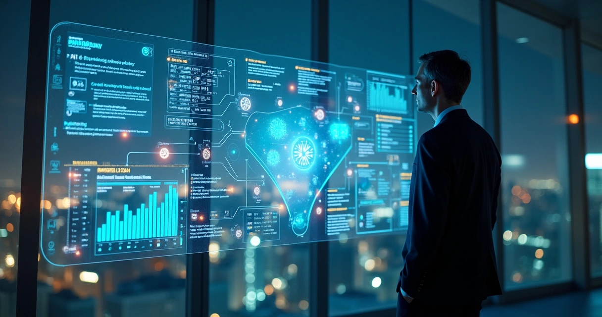 Executivo observa painel holográfico com agentes autônomos gerindo processos de negócios 