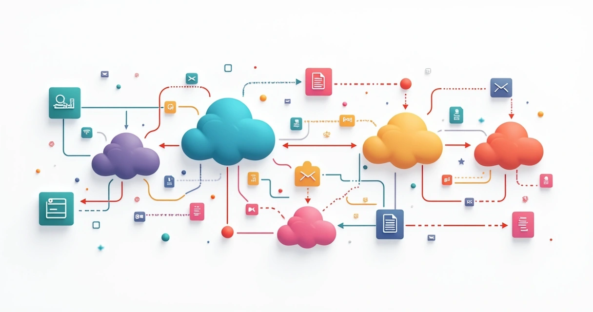Fluxo visual de automação com agentes autônomos coloridos conectando sistemas 