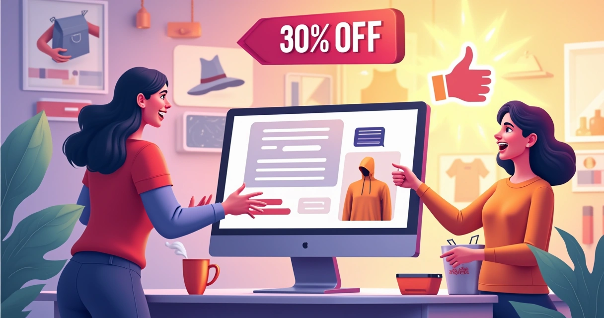 Ilustração de uma loja online com um cliente interagindo com um agente de IA e mostrando aumento nas vendas.