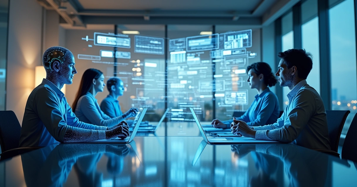 Equipe de agentes de IA reunidos em uma mesa, analisando tarefas em telas digitais. 