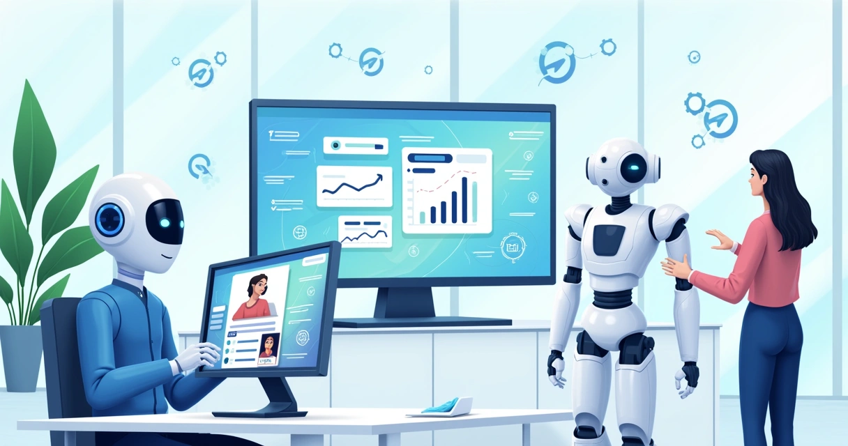 Ilustração de um escritório futurista com agentes de IA em ação, incluindo um chatbot e gráficos de vendas.
