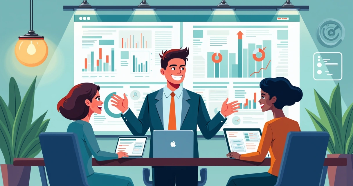 Agente de IA interagindo com uma equipe em um escritório moderno, com gráficos de vendas ao fundo e anotações sobre atendimento.