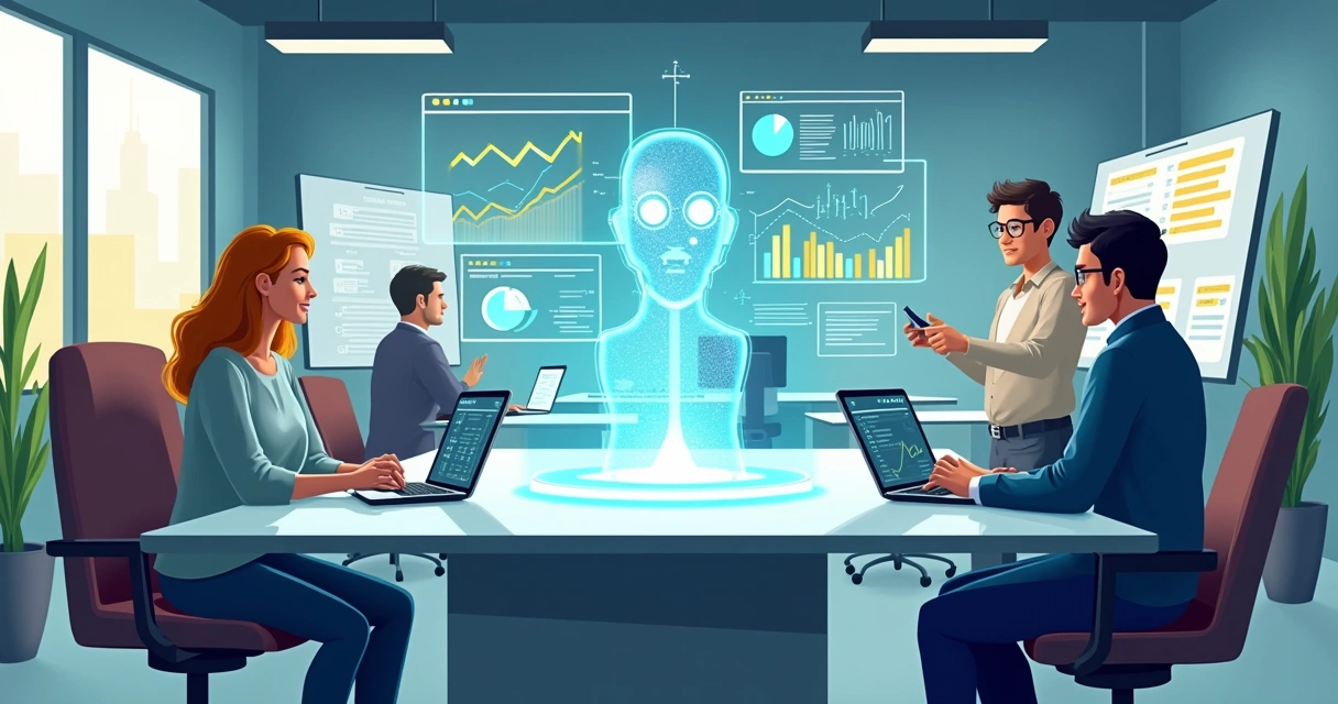 Ambiente de escritório futurista com equipe interagindo com agentes de IA através de hologramas e telas.