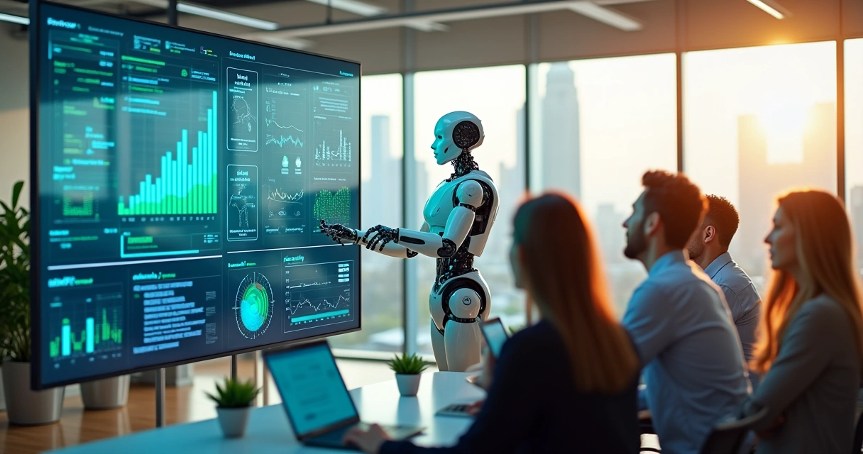 Ambiente de escritório futurista com agentes de IA facilitando a automação de processos, robot e gráficos de dados.