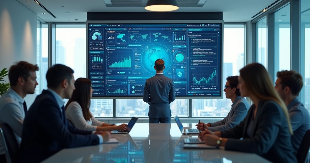 Agente digital auxiliando equipe de vendas em grandes telas digitais 