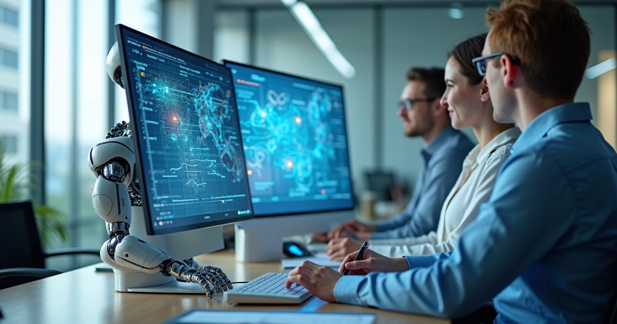 Robôs digitais processando documentos fiscais em escritório moderno 