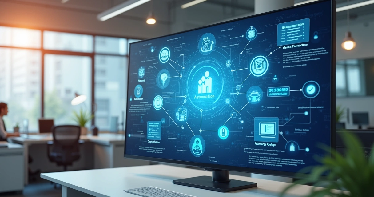 Telão mostra diferentes agentes digitais trabalhando, com ícones de algoritmos e fluxos automatizados conectando áreas distintas 