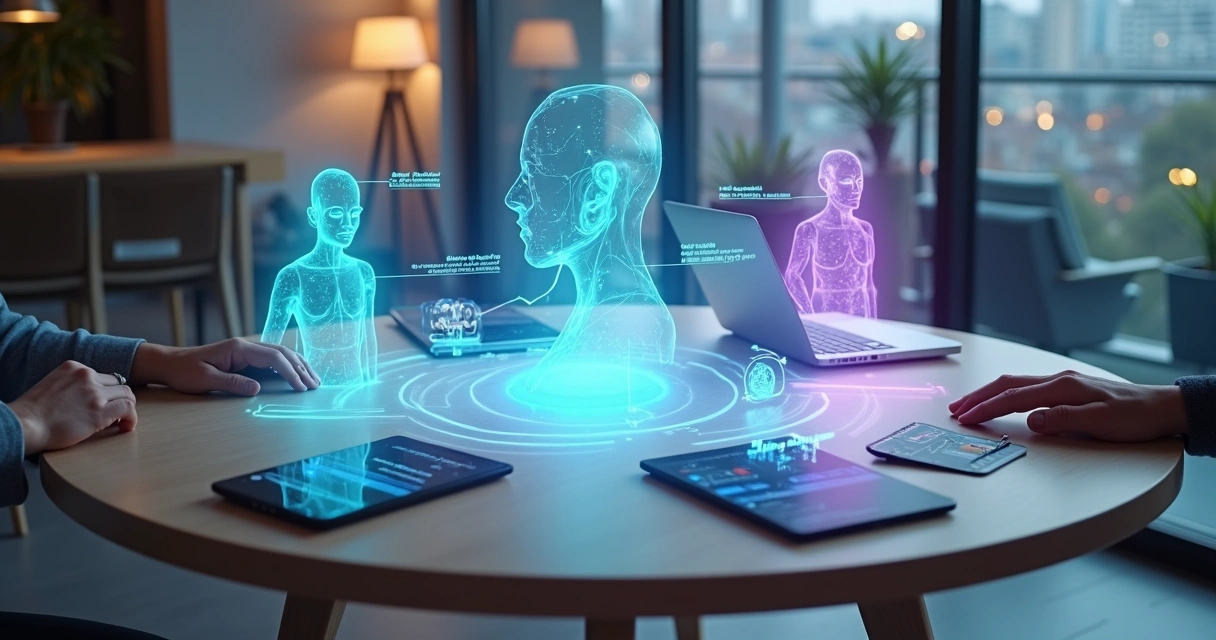 Agentes de IA representados como avatares digitais conversando com clientes em vários dispositivos 