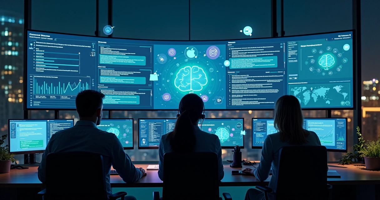 Painel com agentes de IA gerenciando atendimentos digitais em múltiplos canais 