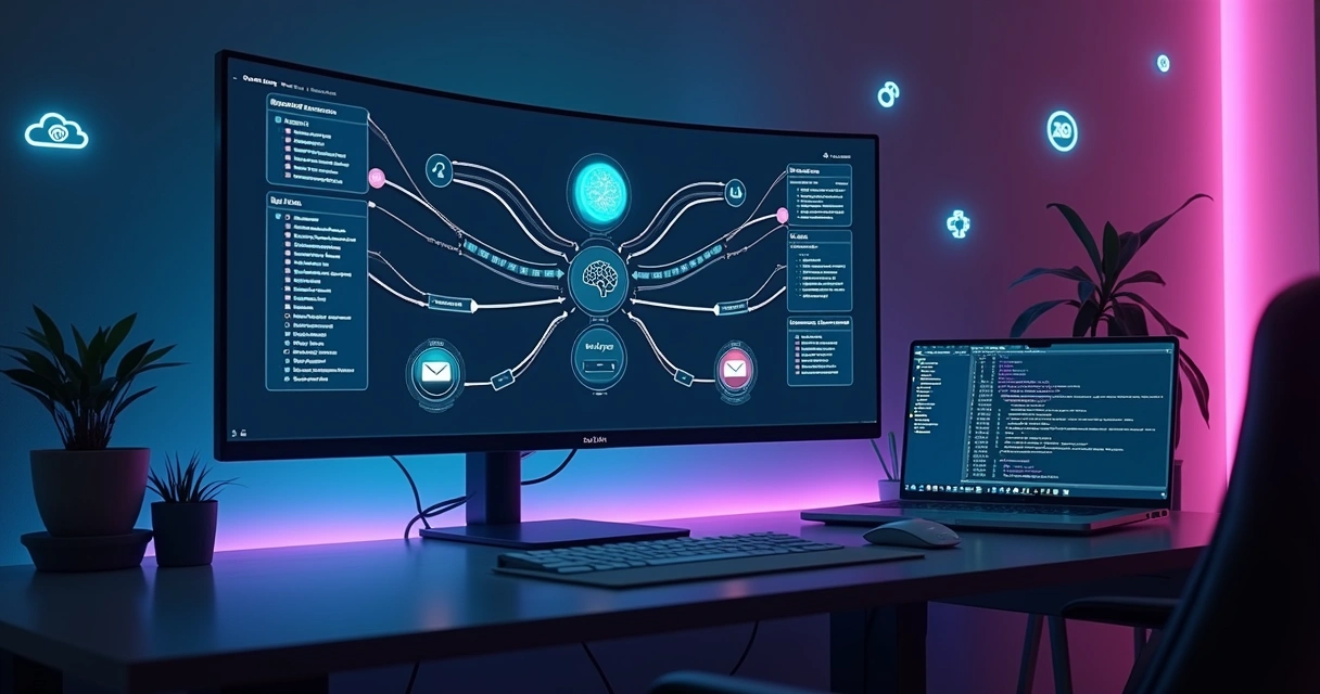 Painel com agentes de IA gerenciando automação de ferramentas SaaS em nuvem 