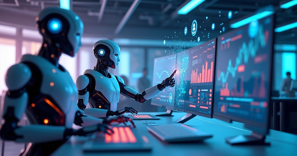 Painel digital com gráficos de vendas, robôs digitais interagindo com leads em processos automatizados 