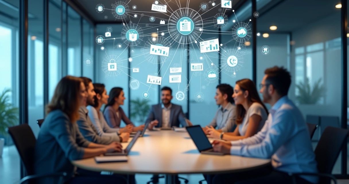 Equipe reunida em uma mesa de reunião, com gráficos digitais flutuando acima e ícones de integração entre sistemas 