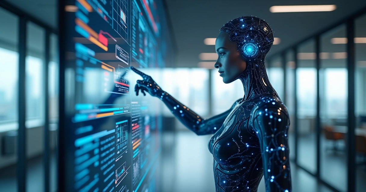 Agente virtual analisando gráficos de vendas em painel digital 