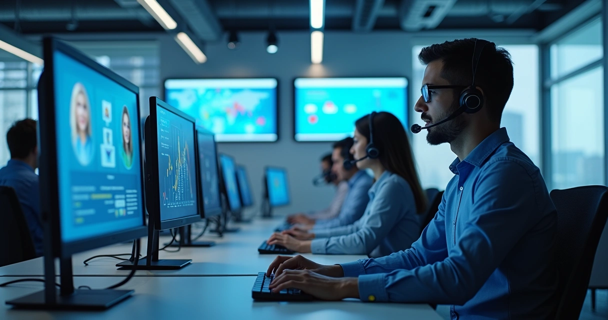 Equipe de atendimento em call center usando sistemas de IA generativa 