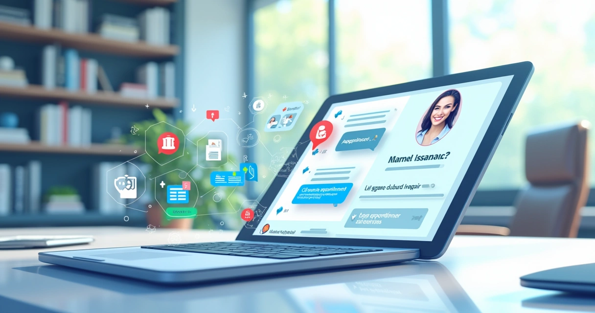 Interface de assistente digital em um tablet com ícones de funcionalidades de agentes de IA em um escritório moderno.