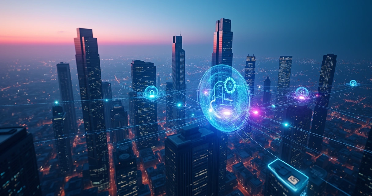 Conceito de agentes de IA conectando prédios corporativos em uma cidade digital 