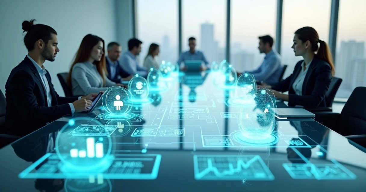 Múltiplos agentes de IA conectando sistemas empresariais em grande mesa de controle 