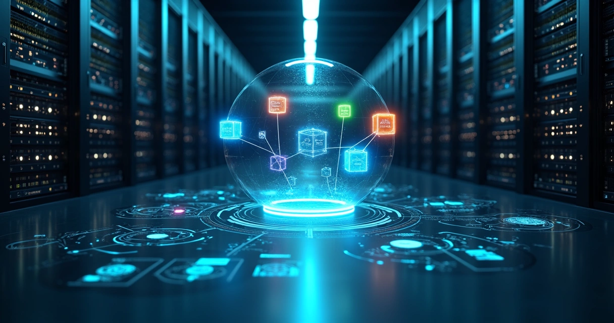 Rede de cubos de IA coordenando servidores em datacenter moderno 
