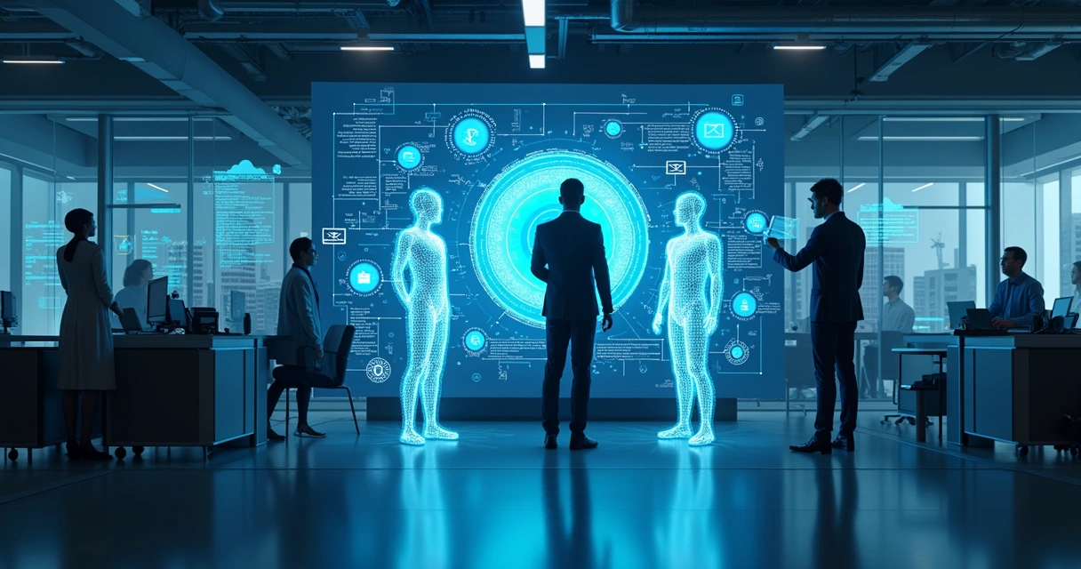 Equipe digital e humanos colaborando em uma tela com fluxos de trabalho 