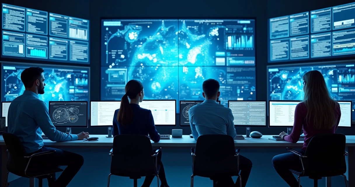Equipe de TI monitorando agentes de IA na operação empresarial 