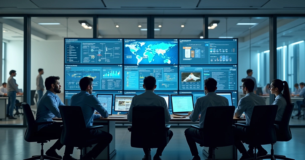 Equipe de TI analisando agentes inteligentes em painéis de dados 