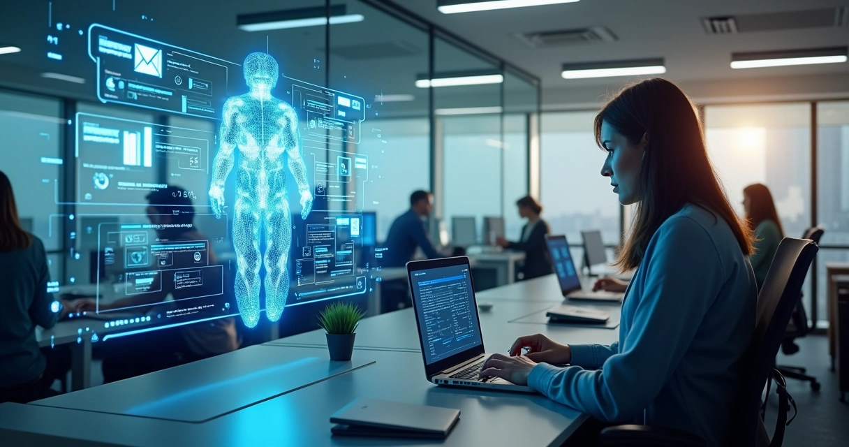 Equipe reunida com agente de IA interagindo na tela 