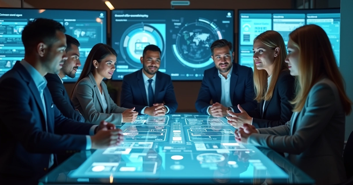 Equipe de trabalho analisando gráficos digitais com agentes de IA 