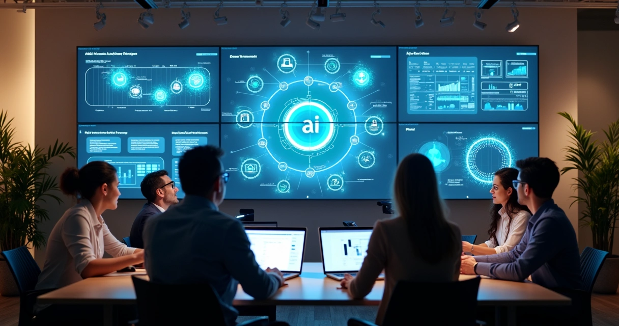 Equipe olhando painéis de agentes digitais de IA 