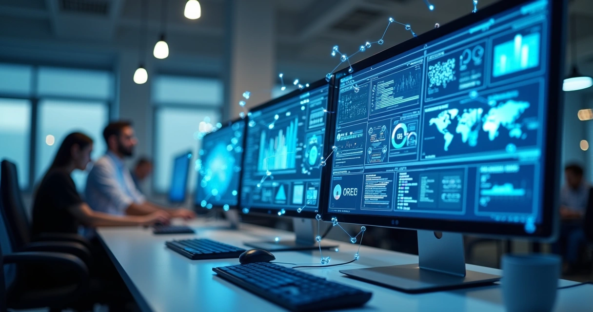 Telas de sistemas internos conectados por linhas digitais brilhantes 