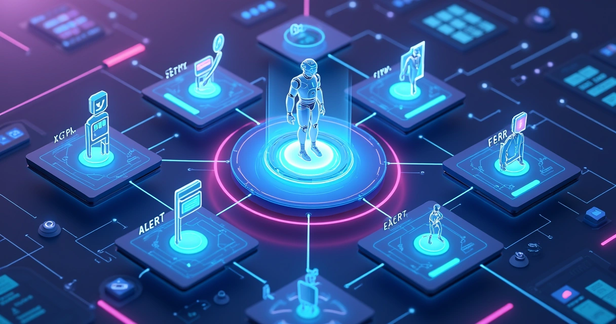 Agentes de IA executando rotinas empresariais em painel de controle 