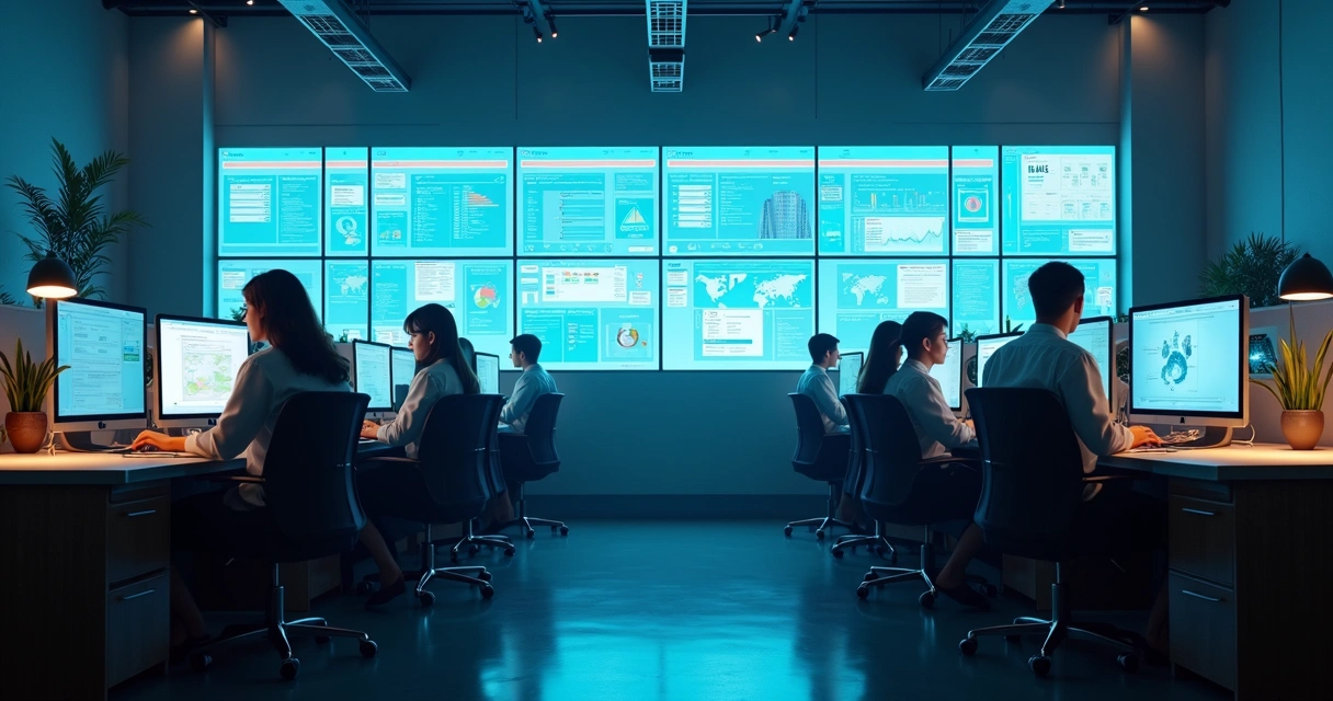 Funcionários e agente de IA trabalhando lado a lado em empresas 