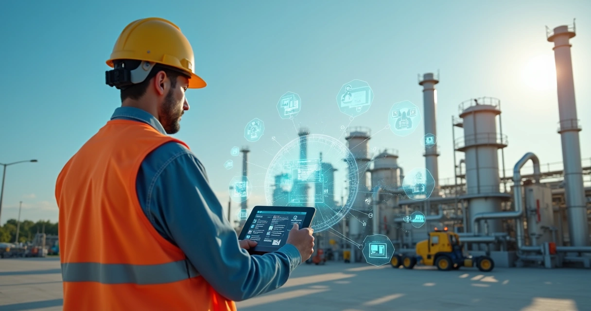 Engenheiro em campo usando tablet com painel de IA sobreposto a máquinas industriais 