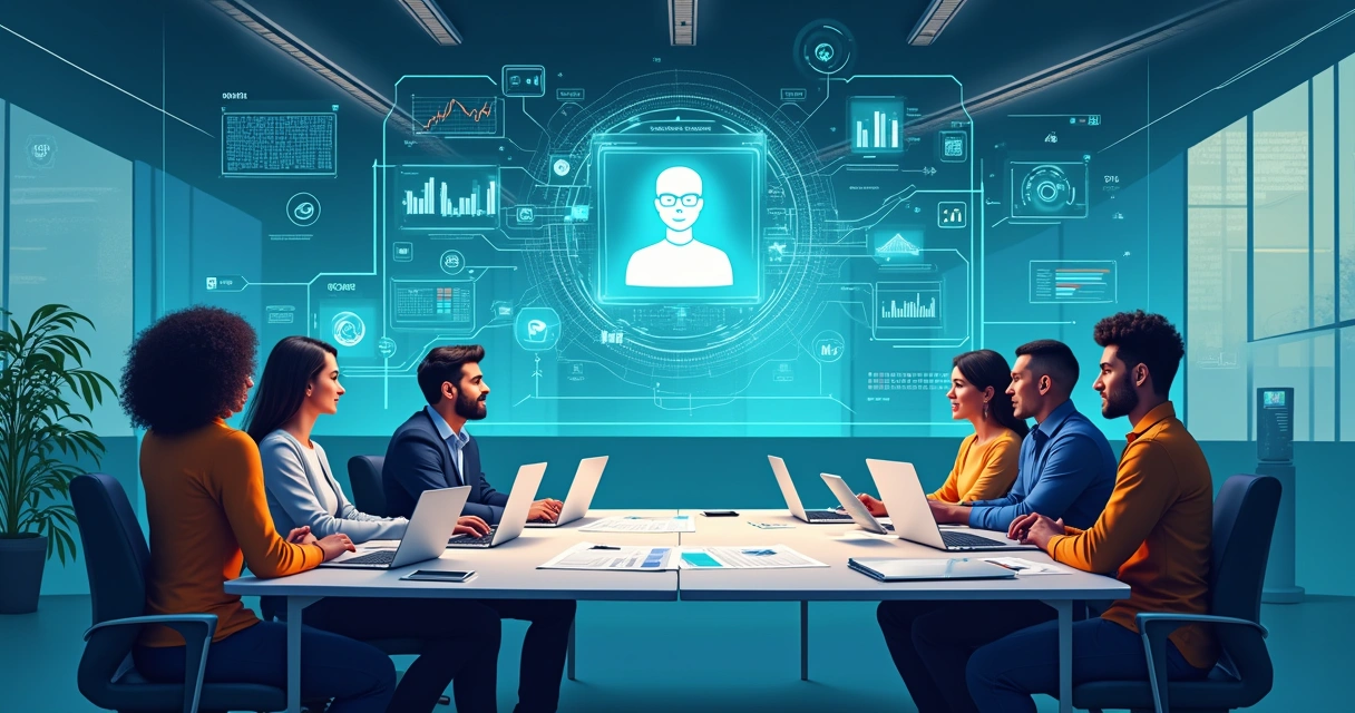 Ambiente de escritório futurista com um agente de IA holográfico interagindo com funcionários em uma mesa, representando produtividade.