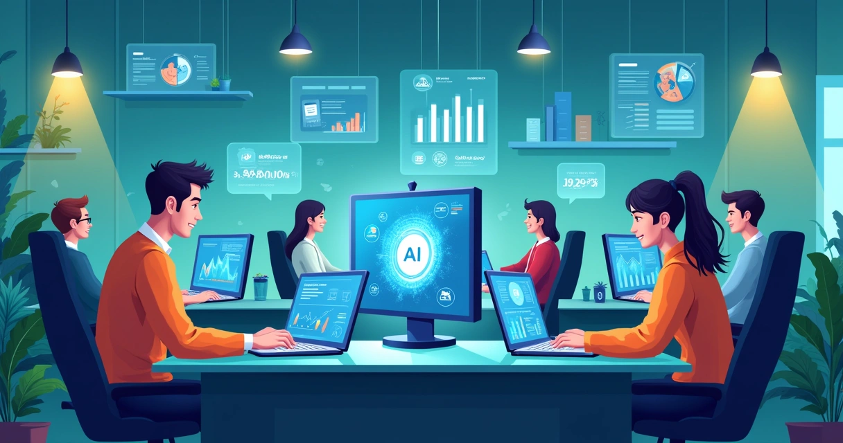 Ambiente de escritório animado com assistente digital gerenciando tarefas e equipe satisfeita. Economias visíveis. 