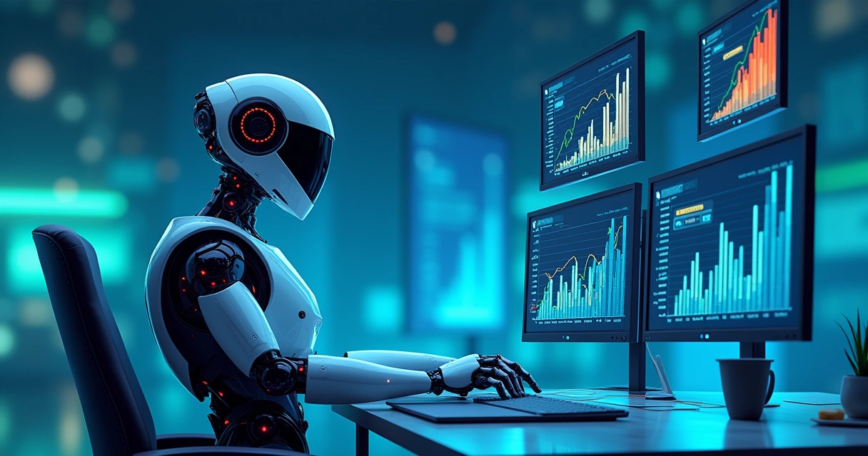 Robô moderno analisando gráficos de dados 