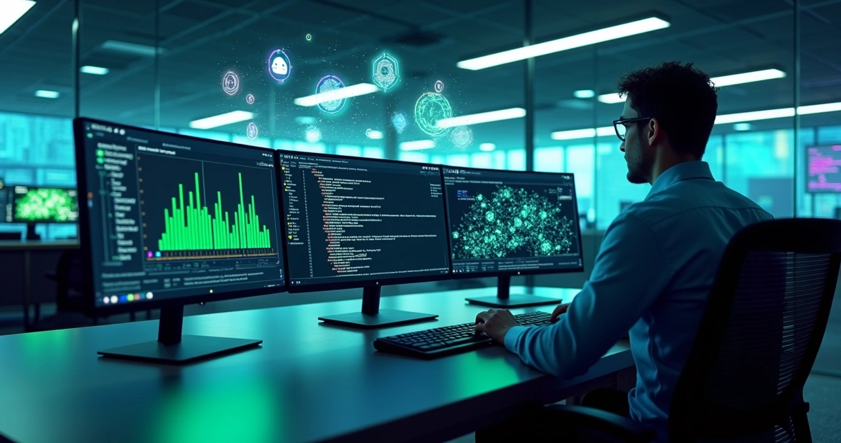 Painel com engenheiro de software observando testes automatizados com agentes de IA 