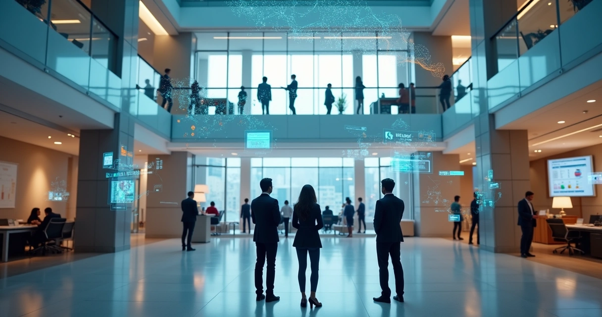 Executivos observando agentes de IA como linhas de luz conectado sistemas na empresa 