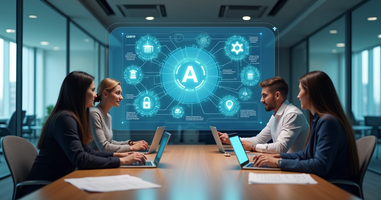 Equipe de RH observando painel digital com agentes de IA apoiando treinamentos corporativos 