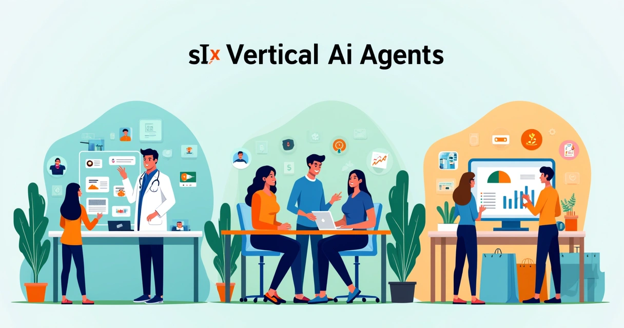 Agentes de IA verticais em um escritório vibrante, especializados em saúde, finanças e varejo.