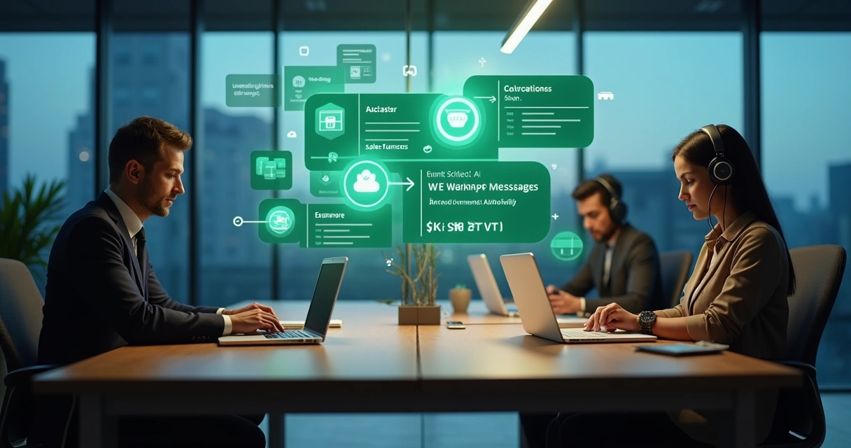 Executivos em coworking acompanhando agentes de IA gerenciando conversas no WhatsApp 