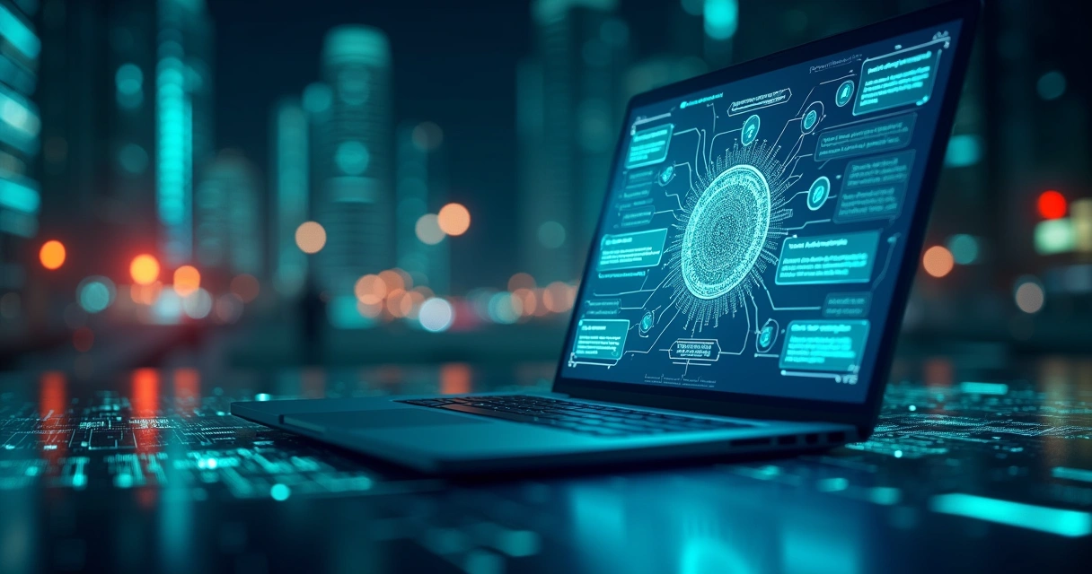 Ambiente digital com laptop, gráficos de IA, chatbots e cidade futurista ao fundo, simbolizando agentes de IA.