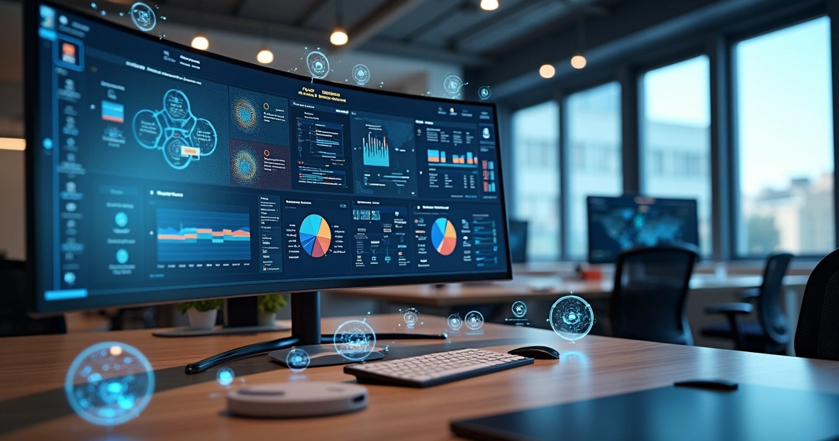 Computador moderno exibindo interface de agente inteligente com gráficos e fluxos de automação digital 