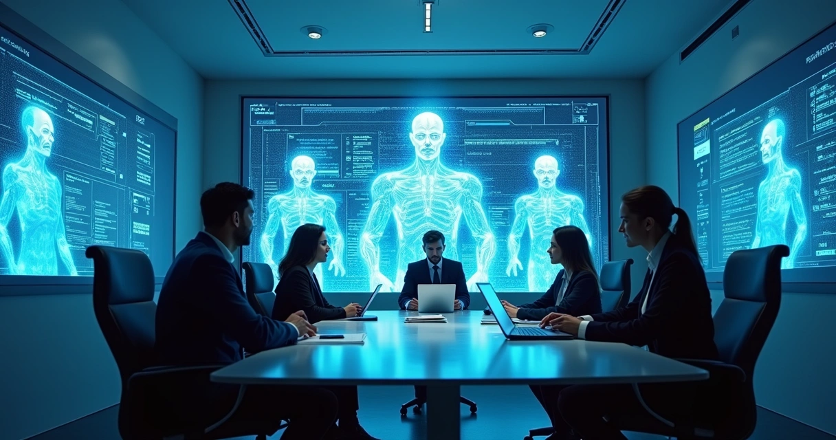 Equipe empresarial observando agentes de IA automatizando tarefas 