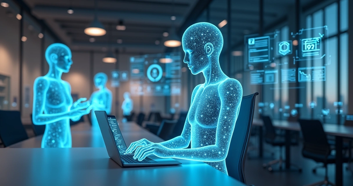 Vários agentes inteligentes digitais atuando em diferentes sistemas empresariais 