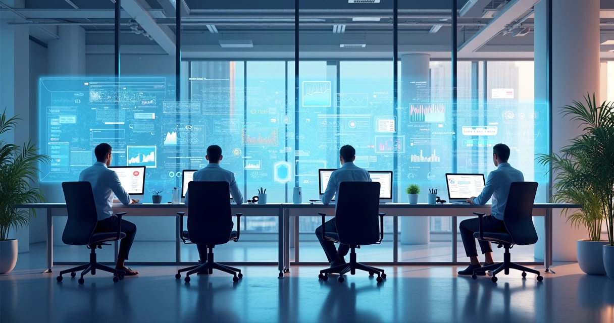 Equipe humana ao lado de agentes digitais em ambiente de escritório moderno 