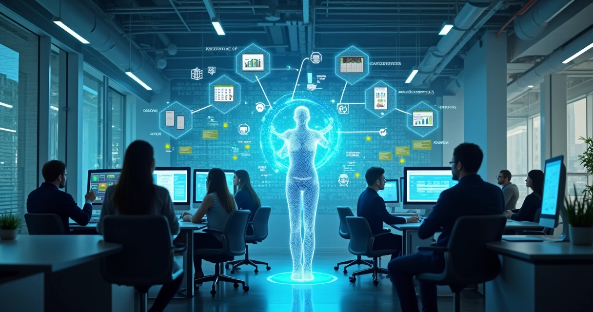 Agente de IA integrando dados de ERP, CRM e sistemas digitais em um escritório 